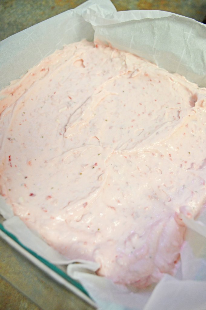 Strawberry cheesecake mixture in baking dish