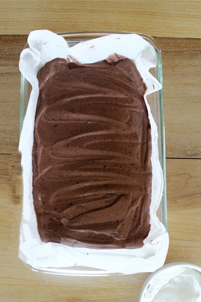Overhead shot of chocolate pudding in baking dish