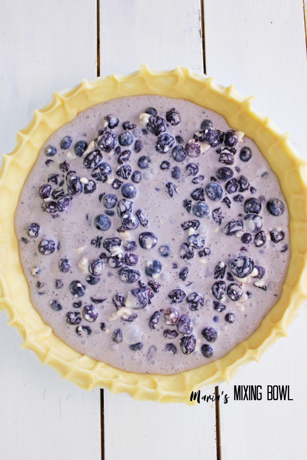 Overhead shot of blueberry filling in pie crust