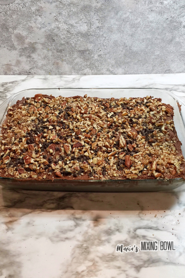 Choclate poke cake topped with pecan in baking dish