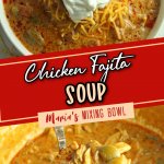 creamy chicken fajita soup in a white bowl and ladle