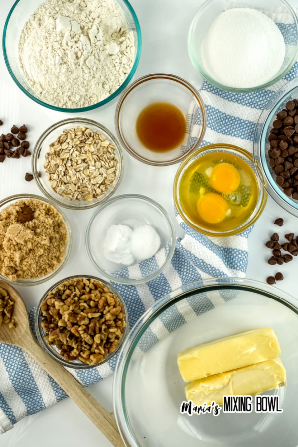 Overhead shot of cookie ingredients in individual bowls