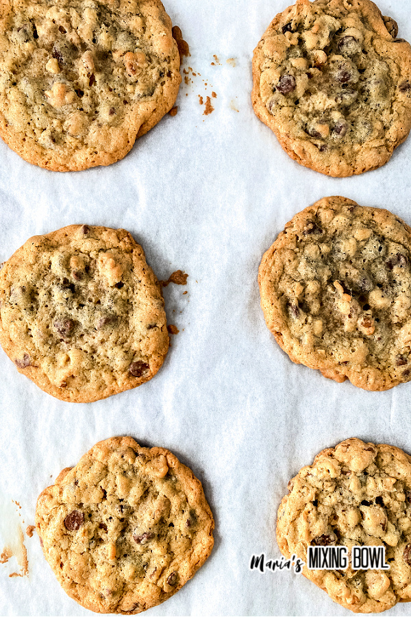 Overhead shot of copycat doubletree chocolate chips cookies on parchment paper