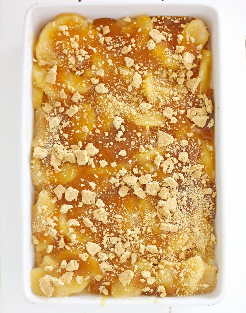 Overhead shot of caramel apple icebox cake in baking dish