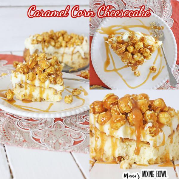 caramel corn cheesecake on white plate and orange napkin