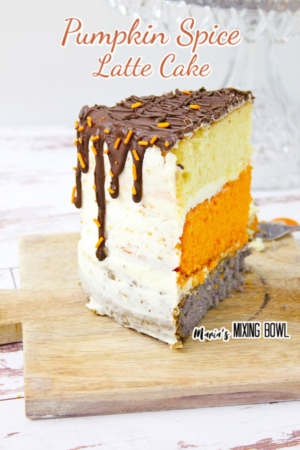 Slice of pumpkin spice latte cake on cutting board