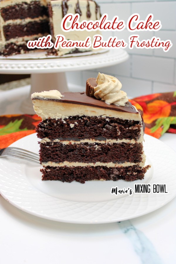 Chocolate cake with peanut butter frosting on plate with more cake on cake stand in background