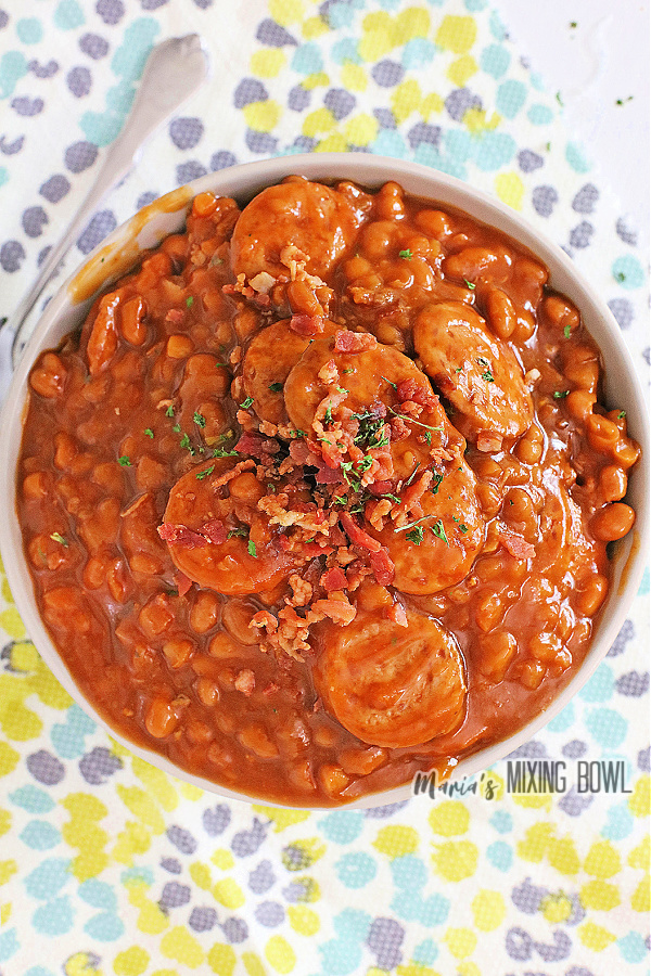 Overhead shot of slow cooker baked beans