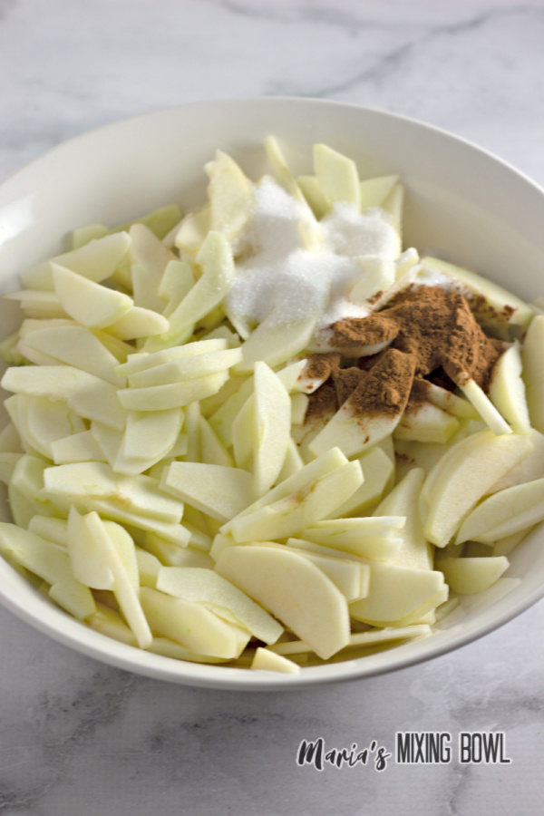 Sliced apples, cinnamon, and sugar in white bowl