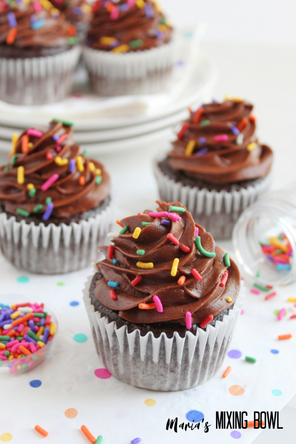 Closeup shot of double chocolate cupcake with more cupcakes in background