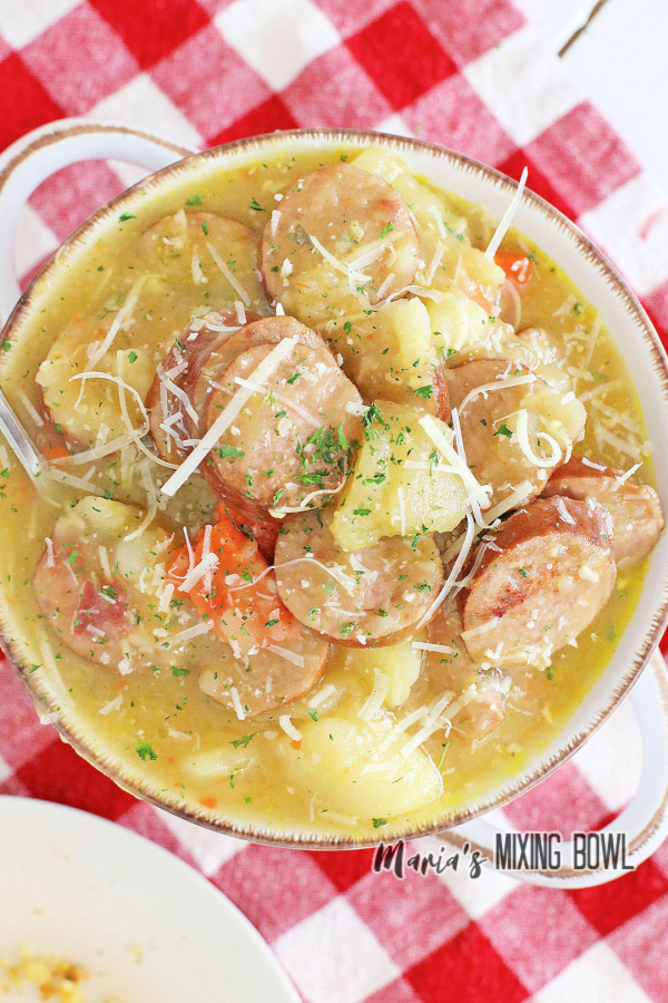 Overhead shot of bowl full of kielbasa potato soup