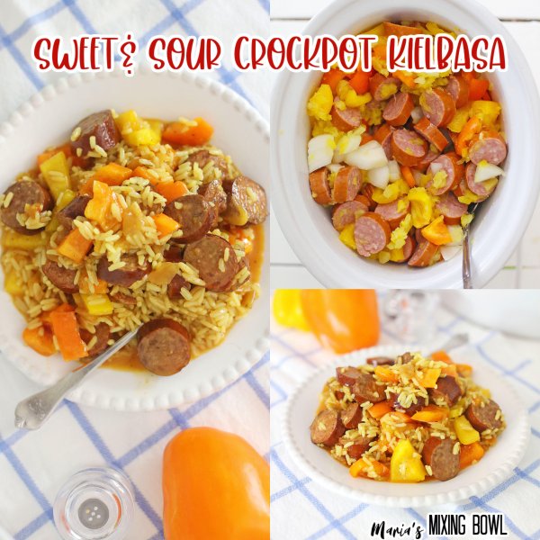 crockpot kielbasa in a sweet and sour sauce yellow and orange peppers