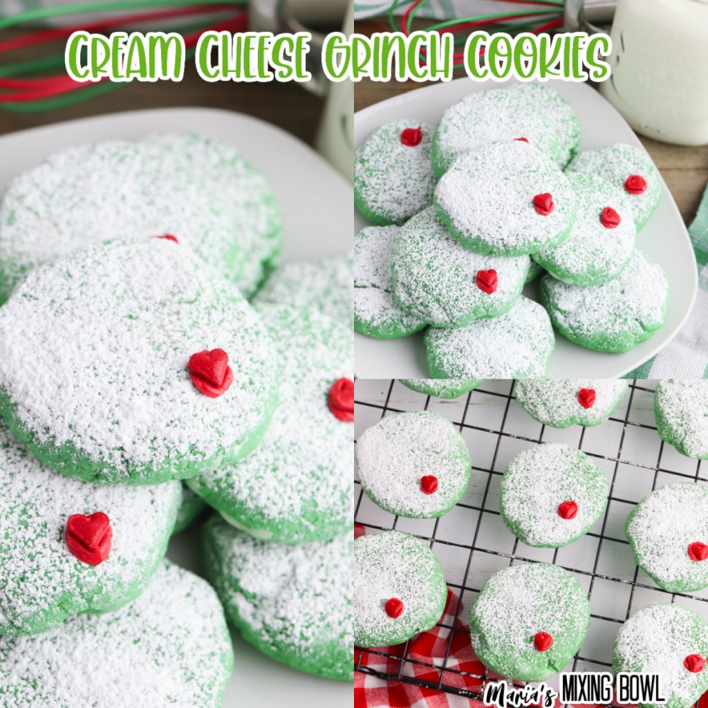 Grinch cookies on white plate and cooling rack