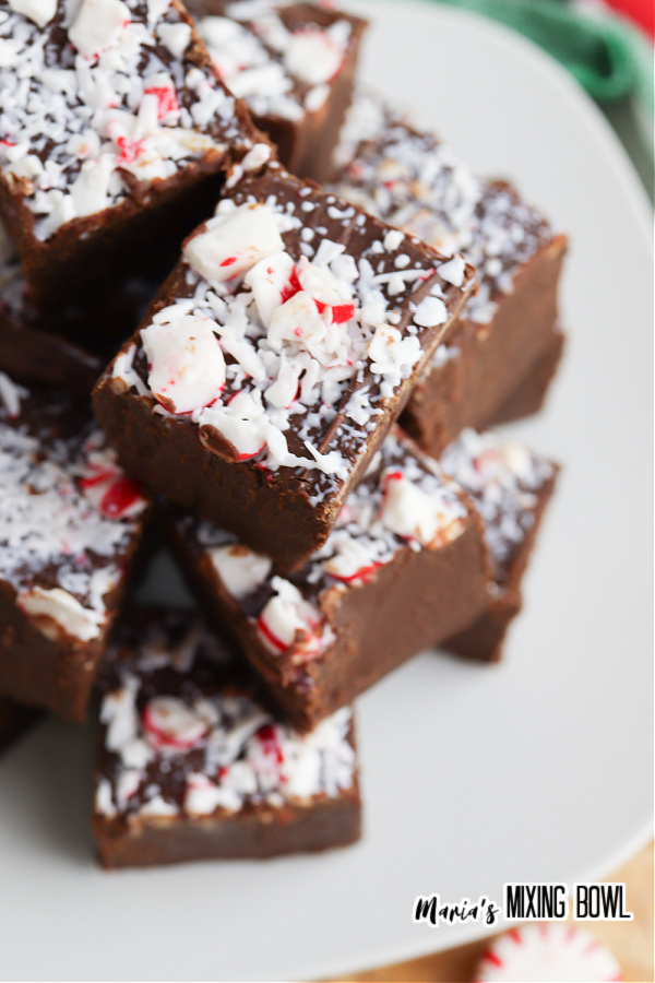 Microwave Peppermint Fudge Recipe on a white pate