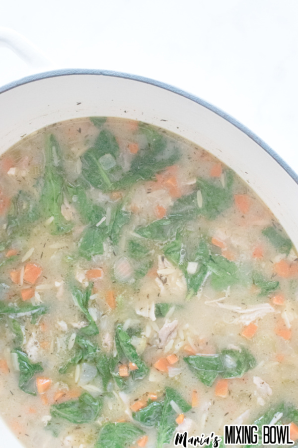 soup in a white pot with blue rim