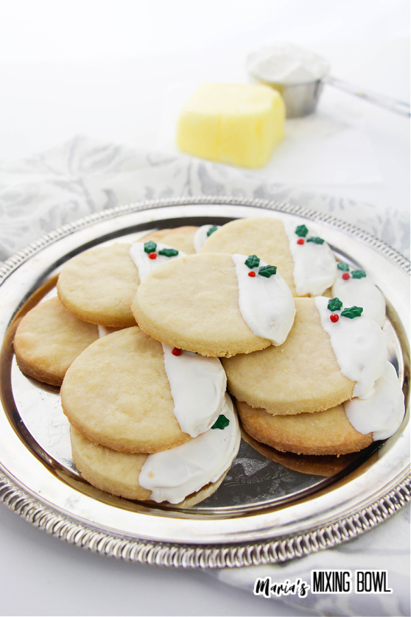 A sliver tray with Christmas Shortbread Cookies