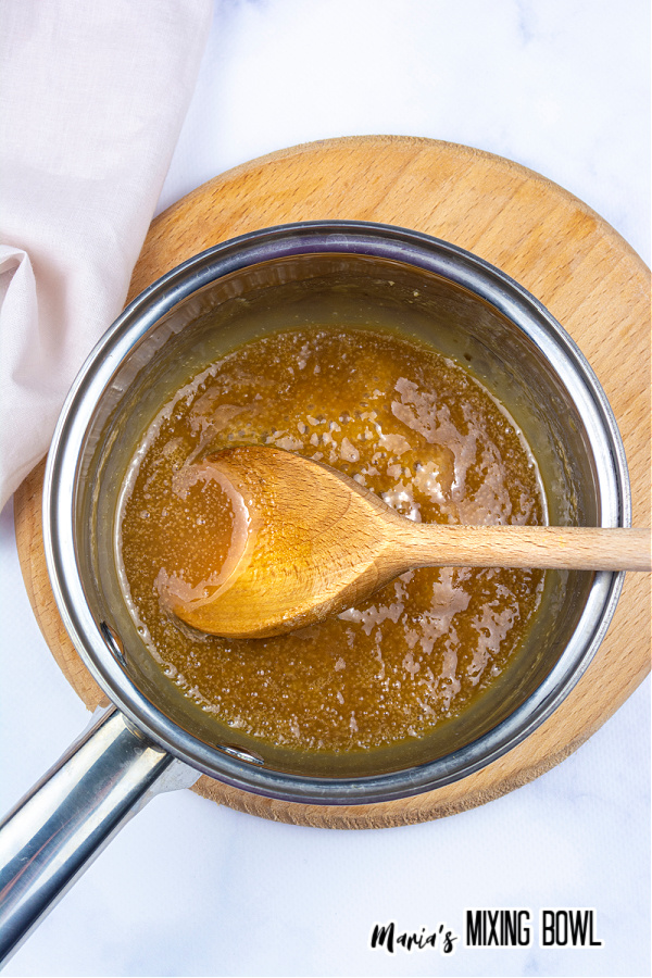 Overhead shot of pot with caramel sauce