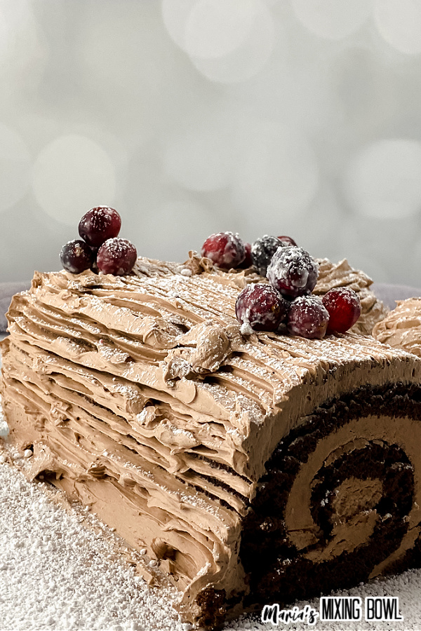 Closeup shot of traditional yule log decorated with cranberries on baking sheet