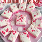White Chocolate Valentine Fudge with sprinkles on a pink plate