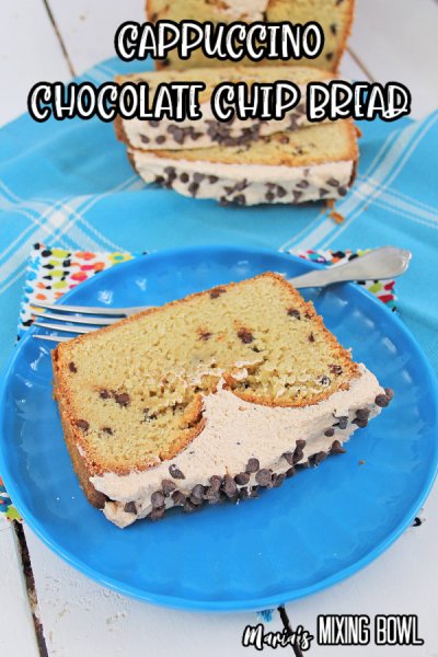 cappuccino chocolate chip bread on blue plate