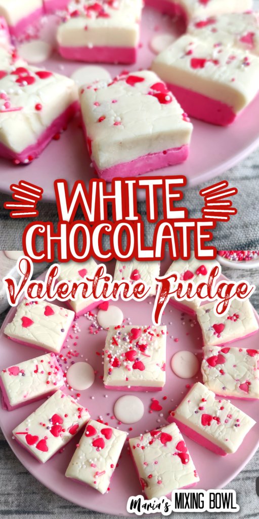 white Chocolate Valentine Fudge on pink plate with sprinkles