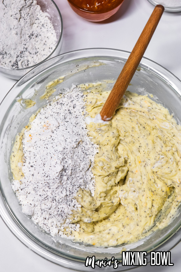 Overhead shot of batter ingredients in mixing bowl