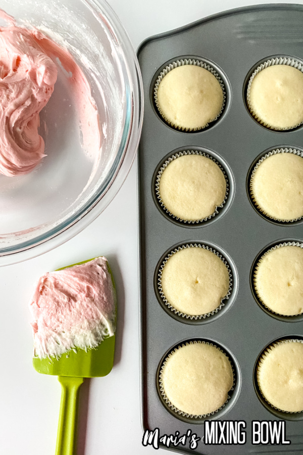 Overheat shot of cupcakes in cupcake tin next to bowl of frosting