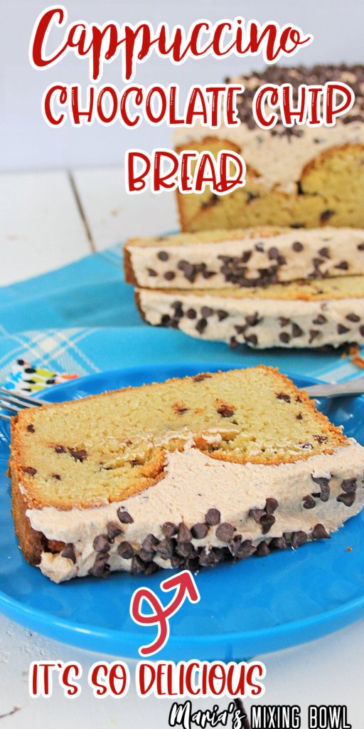 Cappuccino Chocolate chip Bread sliced on blue plate with blue napkin