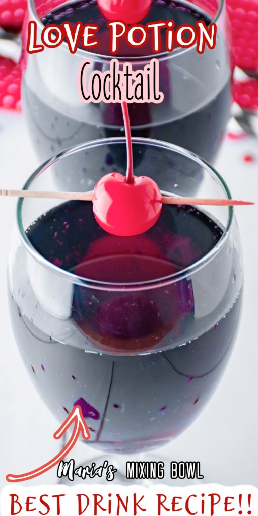 Two Love Potion cocktails with cherries on top