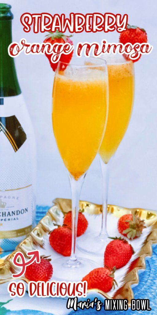 Two flutes filled with strawberry orange mimosa