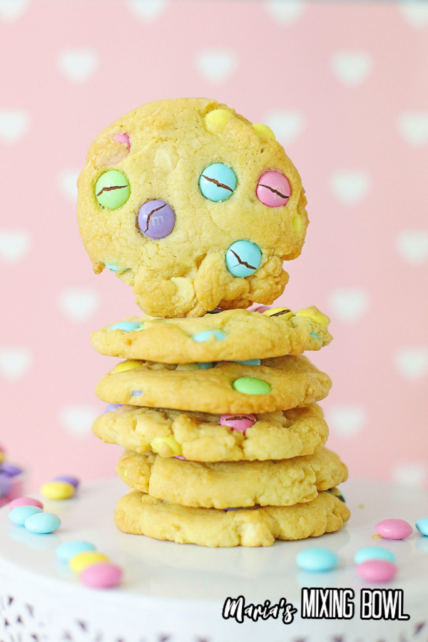 Closeup shot of M&M Easter cookies stacked atop one another