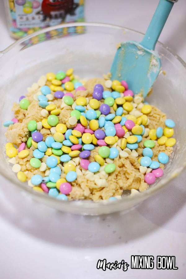 M&M Easter candies on top of cookie dough