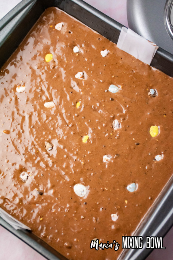 overhead shot of brownies in a baking dish