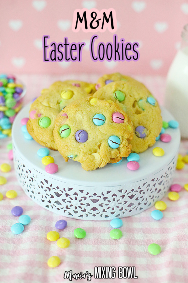 Closeup shot of M&M Easter cookies on stand