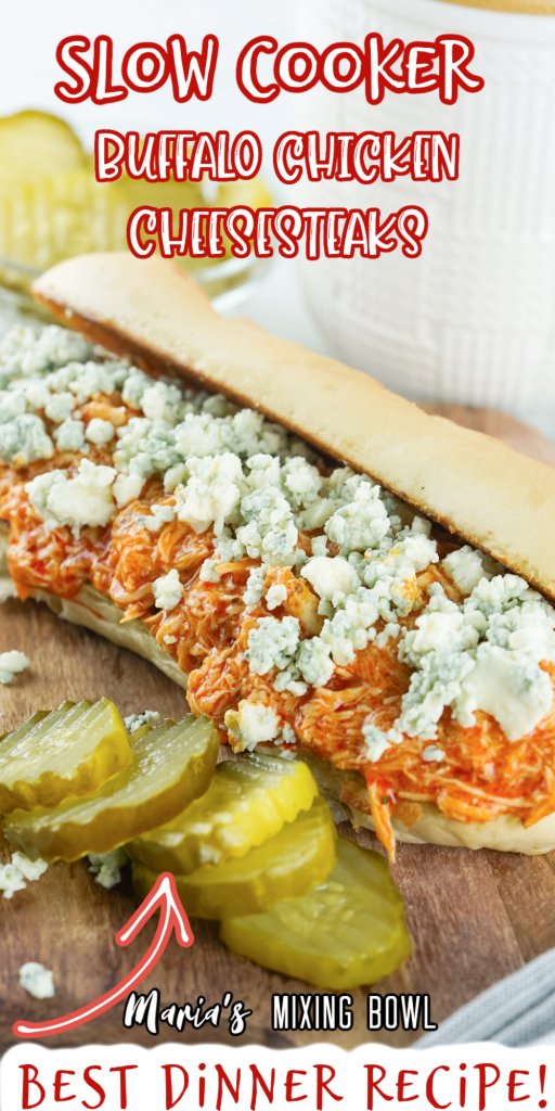 Slow Cooker Buffalo Chicken Cheesesteaks with pickles, blue cheese on dark board