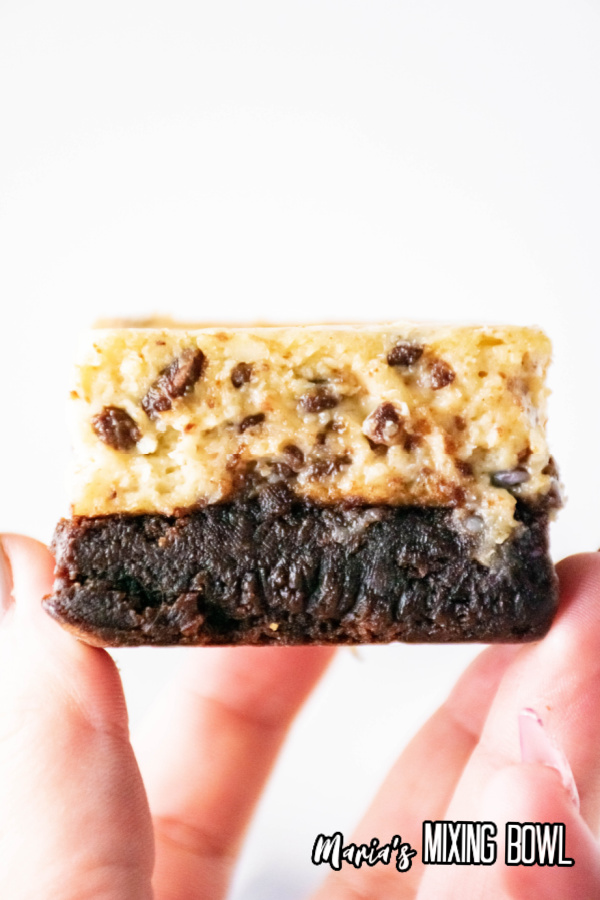 Closeup shot of hand holding cheesecake brownie bar