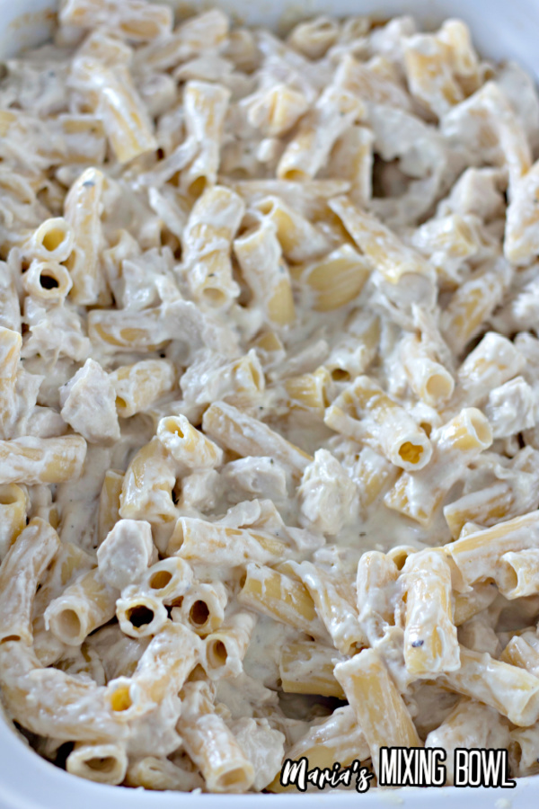 Closeup shot of rigatoni chicken alfredo in slow cooker