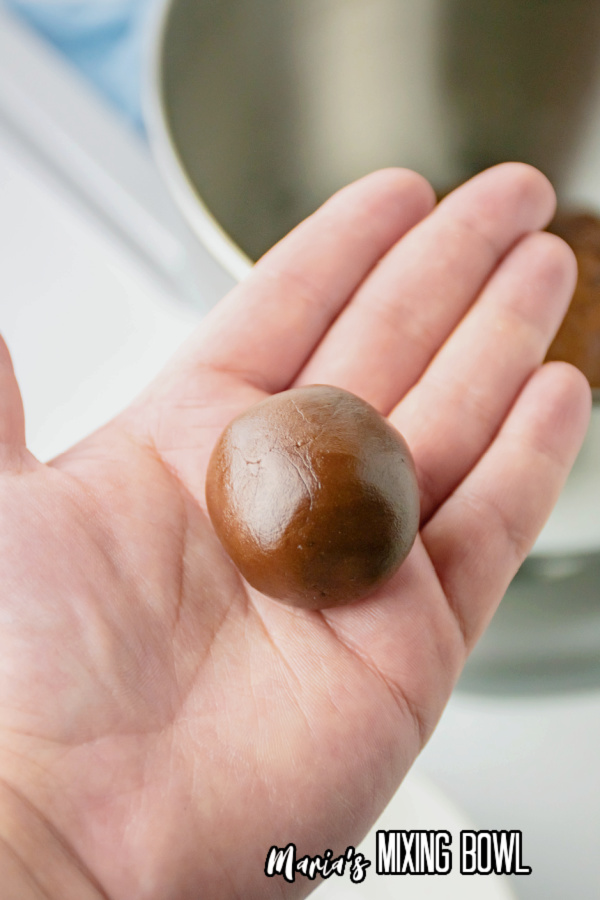 Hand holding a ball of chocolate brownie cookie dough