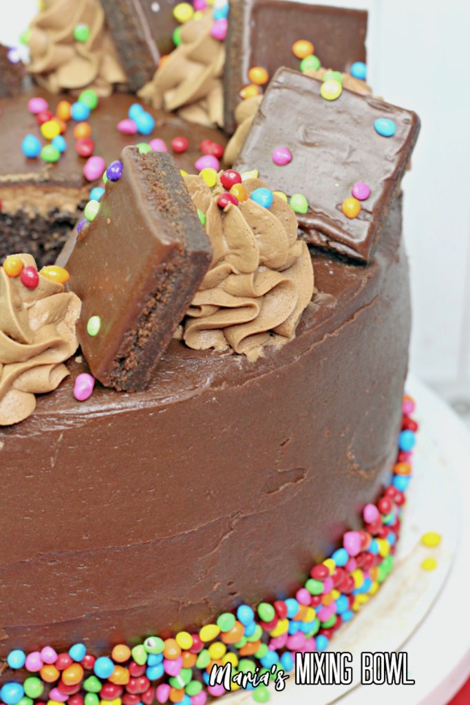 Chocolate Cosmic Brownie Cake on cake stand