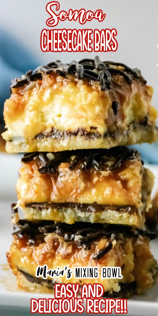 Samoa cheesecake bars stacked atop one another