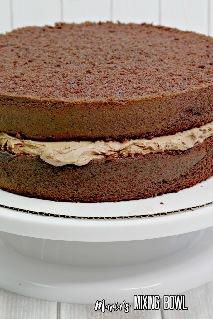 chocolate layered cake with frosting inbetween