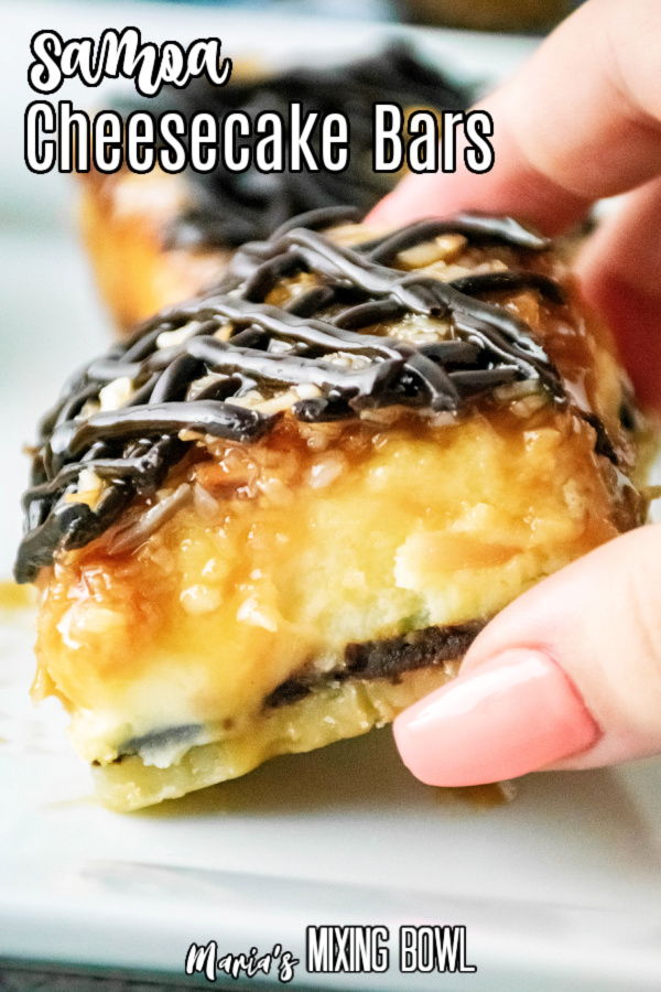Closeup shot of hand holding a somoa cheesecake bar