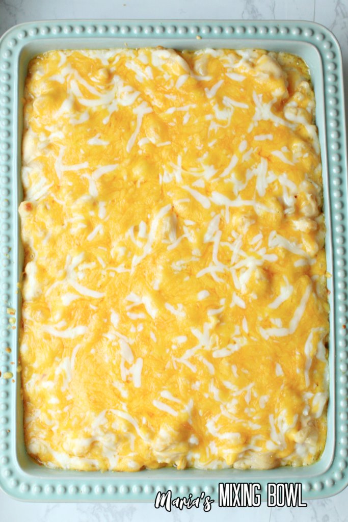a full pic of Creamy Baked Mac and Cheese in a blue casserole dish 