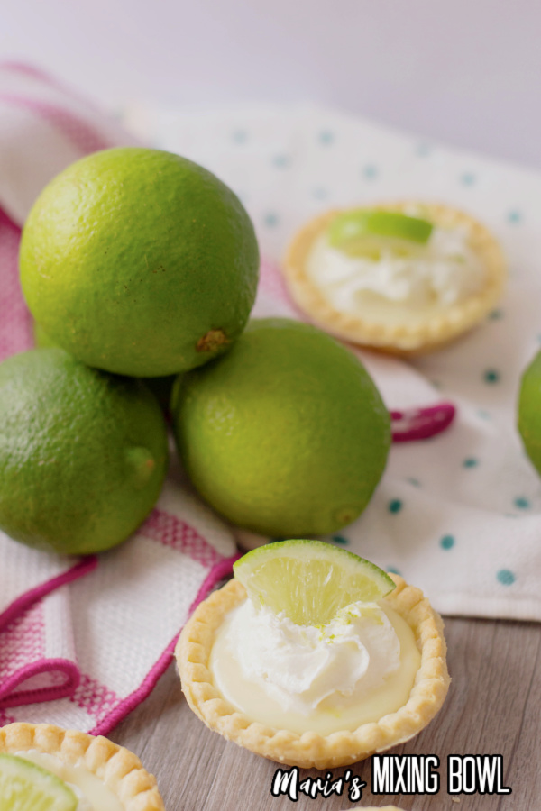 Mini lime pie topped with whippec ream and lime piece next to more limes