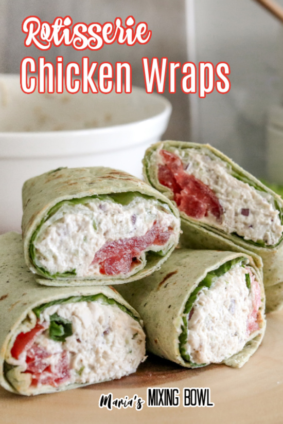 Rotisserie chicken wraps cut in half and stacked atop one another