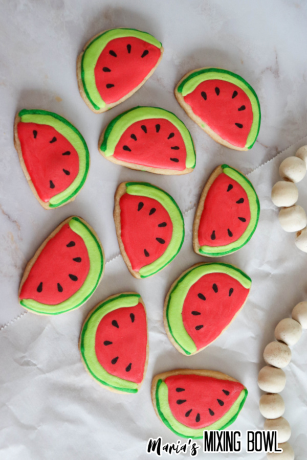 Watermelon Sugar Cookies after decorating on marble