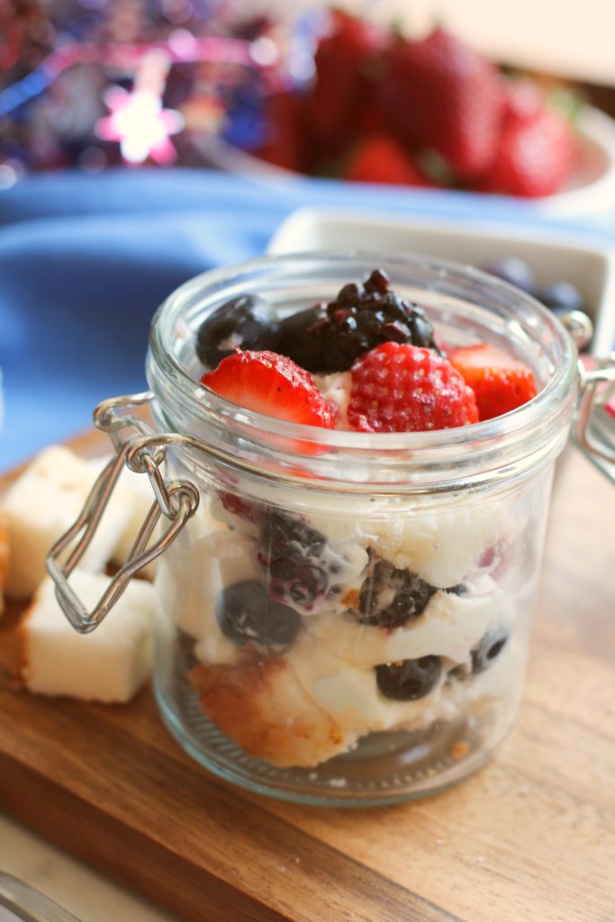 Closeup shot of mini red white and blue trifle in small dish