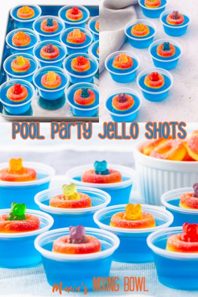 Pool Party Jello Shots with peach gummies and gummy bears