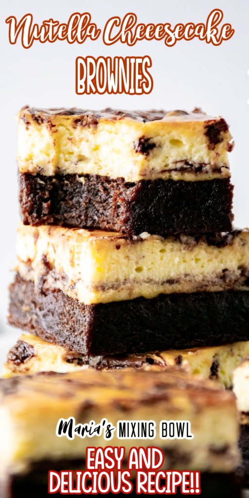 A stack of Nutella Cheesecake Brownies one has a bite taken from it