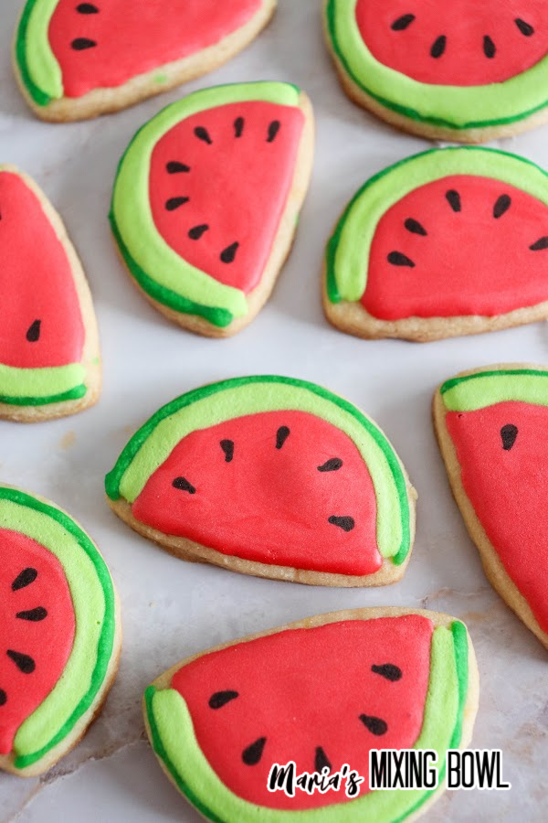 Watermelon Sugar Cookies after decorated on marble